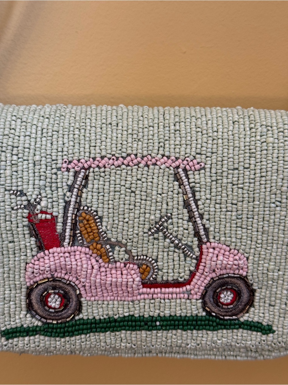 Handcrafted in India Beaded Pink Golf Cart on Light Mint. Golf bag charm. NWT - Picture 3 of 11